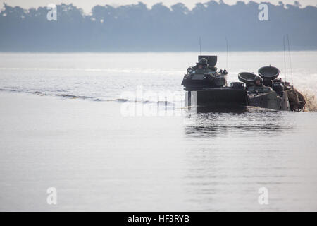 US-Marines mit 2d Tank Battalion, 2d Marineabteilung (2D MARDIV), und 2. Assault Amphibian Battalion, 2D MARDIV Verhalten Fluss überqueren Operationen an Bord AAV7A1 Körperverletzung amphibische Fahrzeuge während der Eisen-Blitz Feld Übung auf Camp Lejeune, North Carolina, 22. Februar 2016. Die Übung erfolgte die Marines Kenntnisse in offensiven und defensiven Operationen auf ungewohntem Terrain zu erhöhen. (Foto: U.S. Marine Corps Lance Cpl. Abraham Lopez, 2D MARDIV Bekämpfung der Kamera/freigegeben) Eisen Blitz Feld Übung 160222-M-MN519-145 Stockfoto