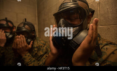 RCT Thomas M. Hawkins, Platoon 1025, Alpha Company, 1. rekrutieren Training Bataillon löscht seine Gasmaske 23. Februar 2016, auf Parris Island, S.C. Hawkins, 19, aus Natchez, Mississippi, Diplom 15. April 2016 geplant ist. Parris Island wurde die Website des Marinekorps-Rekrut-training seit 1. November 1915. Heute kommen etwa 19.000 Rekruten auf Parris Island jährlich für die Chance, United States Marines werden durch dauerhafte 13 Wochen strenge, transformative Training. Parris Island ist Heimat von Entry-Level-eingetragene Training für etwa 50 Prozent der männlichen Rekruten und 100 Prozent der fem Stockfoto