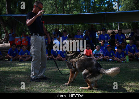 Polizist Kristopher Evers, einen militärischen Gebrauchshund-Handler für die Provost Marshal militärische Arbeitshunde Büroeinheit mit Hauptsitz Bataillon vom Marine Corps Base Hawaii, befiehlt seinen militärischen Gebrauchshund Diego während einer Demonstration für Cub Scout Truppe 311, an Bord der Marine Corps Training Bereich Balg, 5. März 2016. Marines und zivilen Beamten verschiedene Befehle gegeben ihre Hunde, ihre Intelligenz und ihren Gehorsam zu zeigen. Die Hundeführer zermürbte auch eine Biss-Jacke für ein mock nehmen von den Hunden, die Scouts zu zeigen, die Disziplin und Ausbildung der Hunde zeigen, wenn ein echter th vor Stockfoto