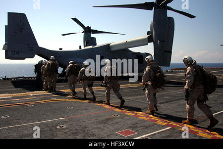 100124-M-4752B-049 Karibik (24. Januar 2010) Marines zugewiesen, die 24. Marine Expeditionary Unit (MEU 24.) Board ein MV-22 Osprey, die Golden Eagles der Marine Medium Tiltrotor Squadron (VMM) 162 (Reinforced) an Bord der amphibischen Angriff Schiff USS Nassau (LHA-4 zugewiesen) Website Umfragen von mehreren Landezonen im gesamten nördlichen Haiti. VMM-162 und die 24. MEU unterstützen Operation Unified Antwort nach einem Erdbeben der Stärke 7,0 nahe Port-au-Prince am 12. Januar 2010. (Foto: U.S. Marine Corps Lance Cpl. David J. Beall/freigegeben) UNS 100124-M-4752B-049 Navy Marines bo Stockfoto