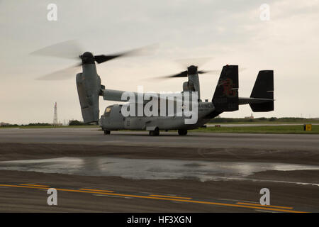 Ein MV-22 Osprey mit Marine Medium Tiltrotor Geschwader 265, 31. Marine Expeditionary Unit, fängt an, Start April 17 vom Marine Corps Air Station Futenma. United States Forces Japan ist in Abstimmung mit der Regierung Japans Bemühungen um eine Erleichterung nach dem verheerenden Erdbeben in der Nähe von Kumamoto operative Luftbrücke unterstützen. "Wir unser tiefstes Beileid an alle betroffenen, die durch die jüngsten Erdbeben in Kyushu, zum Ausdruck bringen", sagte Generalleutnant John Dolan, Kommandeur der USFJ. "Für die Menschen in Japan und in der Region, die von dieser Tragödie betroffen senden wir unsere herzliche Anteilnahme. die Männer Stockfoto