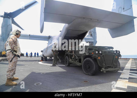 US-Marines zugewiesen, Battalion Landing Team (BLT) 1/6, 22. Marine Expeditionary Unit, laden eine interne Transportfahrzeug auf ein MV-22 Osprey an der USS Whidbey Island (LSD-41), 5. Mai 2016. Die Fahrzeuge waren geladen, um ein Sicherheitsereignis Zusammenarbeit Theater als Teil einer MEU Bereitschaft Übung unterstützen. (Foto: U.S. Marine Corps Lance CPL Koby I. Saunders/22 Marine Expeditionary Unit / veröffentlicht) US-Marines an Bord ein MV-22 Osprey 160509-M-AF202-093 vorbereiten Stockfoto