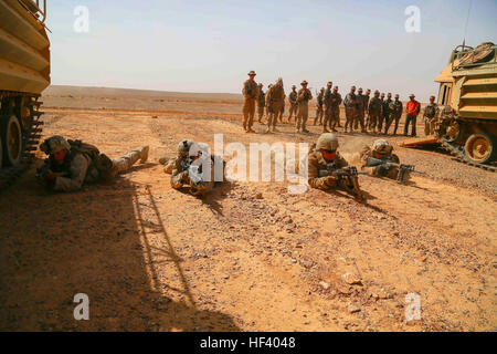 160515-M-NI439-154 TRAINING AREA 1, JORDAN (15. Mai 2016) – US-Marines mit der 13. Marine Expeditionary Unit zeigen, wie sie eine amphibische Fahrzeug absteigen und schieben Sie auf ein Ziel im Rahmen der Interoperabilität Ausbildung während der Übung eifrig Lion 2016. Übung Eager Lion 2016 ist eine bilaterale, Szenario basiert-Übung mit dem Haschemitischen Königreich Jordanien und den USA, entworfen, um militärische Fachwissen auszutauschen und Verbesserung der Interoperabilität zwischen den Partnerstaaten. Während der sechsten Iteration der Übung sowohl gemeinsame und militärische Antworten auf konventionellen und unkonventionellen kombiniert Stockfoto