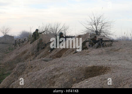 Marines und Soldaten der afghanischen Nationalarmee mit Bravo Company, 1. Bataillon, 6. Marineregiments nehmen hinter eine Berme nach empfangende Kleinwaffen in der Stadt Mardscha, Provinz Helmand, Afghanistan 13 Februar Feuer. Marines mit Bravo und Alpha Company, 1/6, eingefügt in die Stadt in der Nacht von Hubschraubern im Rahmen einer groß angelegten Offensive zur Weiterleitung der Taliban aus ihrer letzten bekannten Festung in der Provinz Helmand. Marines, afghanische Soldaten kämpfen Taliban in Marjah DVIDS251557 Stockfoto