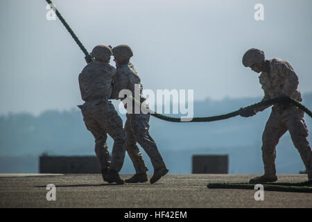 Marines mit 2nd Battalion, 5th Marine Regiment, Waffen Company, Scout Sniper Platoon, verhindern, dass ein Seil zappelt in der Rotor-Wäsche von einer MV-22 Osprey mit Marine Medium Tiltrotor Squadron 164 während des Trainings schnell-Seil an Bord der Marine Corps Base Camp Pendleton, Kalifornien, 30 Juni. Die Fähigkeit, schnell Seil können Marines einen Bereich oder eine Struktur einzufügen, ohne das Flugzeug, wodurch die Notwendigkeit für eine Landezone landen. (U.S. Marine Corps Foto von Sgt. Lillian Stephens/freigegeben) Fallen mit Stil, Scout Sniper, VMM-164 führen Fast-Rope training 160630-M-QU349-245 Stockfoto