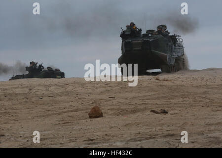 Amphibische Fahrzeuge gehen in Position nach dem Austritt aus dem Meer während einer Marine Corps Combat Bereitschaft Bewertung Camp Pendleton, Kalifornien, 2. August 2016. Marines mit 3. Bataillon, 1. Marineregiment, 3rd Amphibious Assault Battalion und 1. Panzerbataillon mit US Navy Matrosen und Piloten mit Assault Craft Unit 5 während der amphibische Ausbildung gearbeitet. (Foto: U.S. Marine Corps Lance Cpl. Shellie Hall) Meerwasser, Sand und Schnelligkeit, 3. Bataillon, 1. marinen ausführen amphibische Angriffe 160802-M-VA277-137 Stockfoto