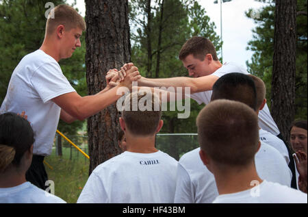 FLAGSTAFF, Arizona (15. August 2016) – Midshipman Kandidaten Spencer Lohr und Austin Greene von der University of Arizona Naval Reserve Officer Training Corps drücken auf jede andere Hände während Drähte zu Fuß auf während eine Teambuilding-Übung 15. August 2016, Herausforderung auf der Northern Arizona University in Flagstaff, Arizona, im Rahmen der gemeinsamen neuen Student Orientierungstraining ausgesetzt werden.. Die einwöchige NSO Ausbildung fand Aug. 12-19, mit der Hälfte kombiniert im Bereich Flagstaff neben Neuling Kandidaten von der University of New Mexico und Arizona State University NROTC Einheiten und th Stockfoto