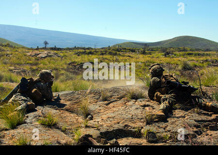 US-Marines, Alpha Company, 1. Bataillon 3. Marineregiment greifen Ziele während einer Firma Angriff auf Training Bereich 17, Teil der Lava Viper an Bord der Pohakuloa Trainingsbereich auf der big Island von Hawaii, 2. November 2016 zugewiesen. Lava Viper ist eine jährliche kombinierte Waffen training Übung, die Boden-Elemente wie Infanterie und Logistik integriert, mit indirektes Feuer von Artillerie-Einheiten als auch Luft aus dem Luftfahrt-Element unterstützen. (Foto: U.S. Marine Corps CPL. Ricky S. Gomez) 1-3 Alpha Company Angriff 161102-M-ZQ619-074 Stockfoto