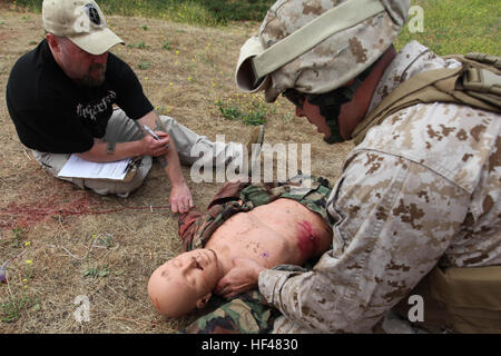 Von links nach rechts: Petty Officer 2. Klasse Timothy Evans, ein Corpsman mit Berater Ausbildung Zelle und eine Matchitoches, Louisiana, native, CPL. Allen Intihar, Kraftverkehr Mechaniker mit 1. Marineabteilung und Cleveland stammende beobachtet seine simulierten Unfall während einer Bekämpfung der Rettungsschwimmer hier bewerten. Die vier-Tages-Kurs gibt Marines das Grundwissen um Hilfe für eine Reihe von gemeinsamen Verletzungen und Wunden, die auf dem Schlachtfeld auftreten. Medizinische Ausbildung bietet Marines mit wertvollen Fähigkeiten DVIDS298588 Stockfoto