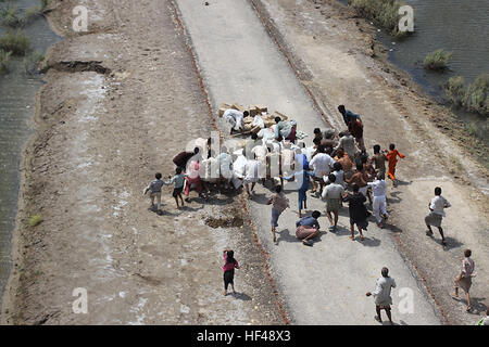 Pakistanische Flutopfer sammeln Hilfsgüter gelieferten Pano Aquil, Pakistan, 4. September 2010, von US-Marines zugewiesen die? Weißen Ritter? der Marine mittlere Hubschrauberstaffel 165 (HMM-165). Das Geschwader ist auf dem amphibischen Angriff Schiff USS Peleliu (LHA-5), begann die humanitäre Hilfe Missionen in überfluteten Gebieten Pakistans teilnehmen. (DoD Foto von Captain Paul Duncan, US Marine Corps/veröffentlicht) 100904-M-3497D-336 (4971581052) Stockfoto