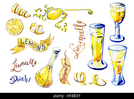 Eine Reihe von isolierten Elemente-Karaffe mit Limoncello, Peel, Slice, Beschriftung im Stil Sketch. Handgezeichnete Aquarellmalerei Stockfoto