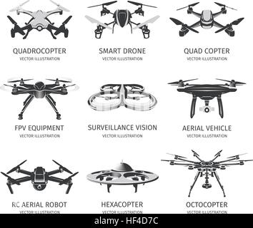 Isolierte Rc Drohne Logo-Sammlung auf weiß. UAV-Technologie Schriftzug festlegen. Unbemannten Symbole. Remote Control Gerät schildern. Überwachung Vision Multirotor. Quadcopter Vektorgrafik. Stock Vektor