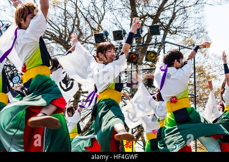 Japanische yosakoi Dance Festival. Männer und Frauen tanzen auf der Bühne in bunten Kostümen. Low Angle View entlang der Tänzer. Arme angehoben. Stockfoto