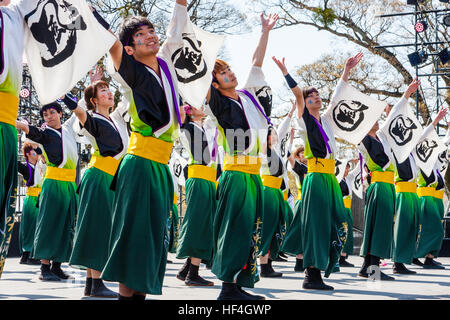 Japanische yosakoi Dance Festival. Männer und Frauen tanzen auf der Bühne in bunten Kostümen. Low Angle View entlang der Tänzer. Stockfoto