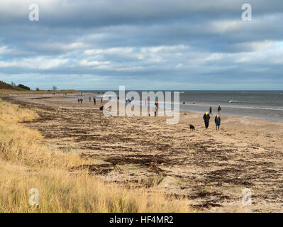 Menschen zu Fuß entlang des Strandes bei Alnmouth, Northumberland am Weihnachtstag 2016, England, UK Stockfoto