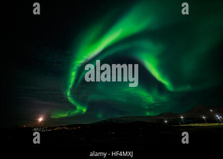 Northern Lights und den aufgehenden Mond in der Nähe der Stadt Nuuk, Grönland Stockfoto