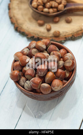 Muttern Haselnüsse in der Schale im braunen Ton Schüssel auf einer weißen hölzernen Oberflächen, Top Sicht Stockfoto