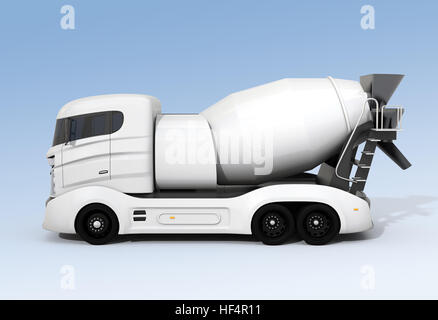 Seitenansicht der Betonmischer LKW auf hellblauem Hintergrund isoliert. 3D-Rendering Bild mit Beschneidungspfad. Stockfoto