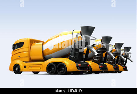 Flotte von Betonmischer LKW isoliert auf weißem Hintergrund. 3D-Rendering Bild. Stockfoto