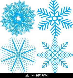 Schneeflocke Symbole festgelegt. Blaue Silhouette Schneeflocken Zeichen, isoliert auf weißem Hintergrund. Flaches Design. Symbol des Winters, Schnee, Weihnachten, Neujahrsurlaub. Stock Vektor
