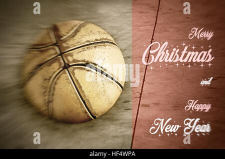 Frohe Weihnachten und Happy New Year, Hintergrund, Textur, Basketball;  Motivation, Poster, Zitat, verschwommenes Bild, Abbildung Stockfoto