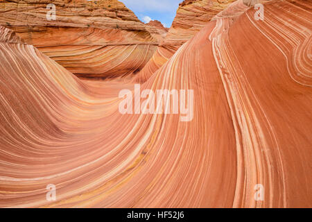 Rote Wellen - eine Nahaufnahme von den bunten Sandsteinoberflächen von The Wave in North Coyote Buttes an die Grenze zu Arizona-Utah, USA. Stockfoto