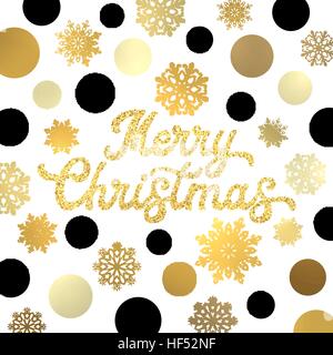 Frohe Weihnachten Hand Schriftzug Inschrift mit gold Glitter Konfetti. Xmas-Karte mit goldenen und schwarzen Kreisen Muster und Schneeflocken. Jahreszeiten Grüße Textgestaltung für Karte. Schriftart-Vektor-Illustration. Stock Vektor