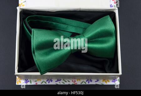 Grüne Fliege in einer Geschenkbox auf schwarzem Hintergrund Stockfoto
