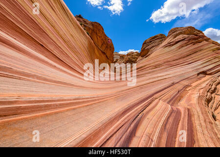 Eingang von The Wave - niedrigen Winkel Ansicht der wirbelnden Sandsteinfelsen und Buttes am Nordeingang von The Wave, Arizona-Utah, USA. Stockfoto