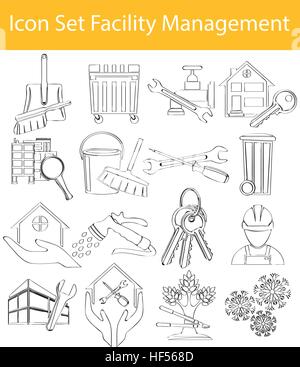 Gezeichnete Doodle ausgekleidet Icon Set Facility Management gestalte ich mit 16 Icons für den kreativen Einsatz in Grafik Stock Vektor