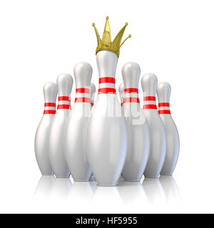 Bowling-Pins angeordnet und eine mit Königskrone. 3D-Render Abbildung isoliert auf weißem Hintergrund Stockfoto