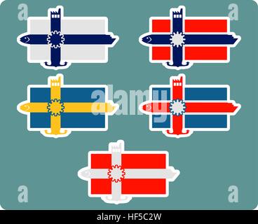 Finnland, Norwegen, Schweden, Dänemark, Island Nationalflagge mit Symbolen Stock Vektor