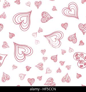 Nahtlose Muster mit unterschiedlicher Größe-handgemalte Herzen auf weißem Hintergrund. Stock Vektor