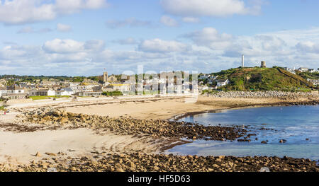 Ein Panorama Composite Blick auf Porthcressa Strand an einem sonnigen Tag, Str. Marys, Isles of Scilly, November 2014 Stockfoto