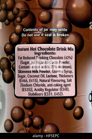 Liste der Zutaten auf Aero Hot Chocolate Drink Glas Stockfoto