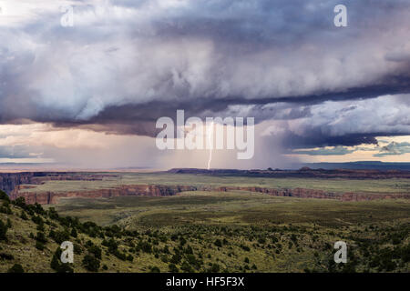 Bei einem Sommergewitter treffen ferne Blitzeinschläge dramatische Sturmwolken über dem Little Colorado River Valley Stockfoto