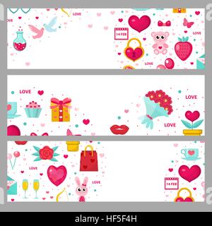 Valentinstag-Banner gesetzt. Vorlage mit Platz für Text. Liebe, Romantik horizontale Rahmenlinie. Vektor-Illustration. Stock Vektor