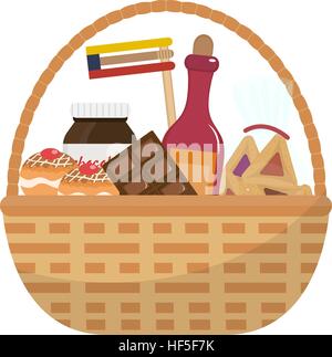 Mishloach Purimgeschenken Korb mit Lebensmitteln behandelt. Purim-Weihnachtsgeschenk. Jüdische Karneval vorhanden. Vektor-Illustration. Stock Vektor