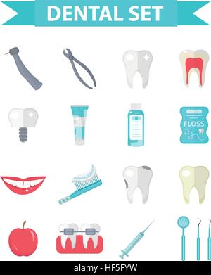 Dental-Icon-Set, flachen Stil. Stomatologie Kit isoliert auf weißem Hintergrund. Zahnmedizin-Sammlung von Design-Elementen. Vektor-Illustration, ClipArt-Grafiken. Stock Vektor