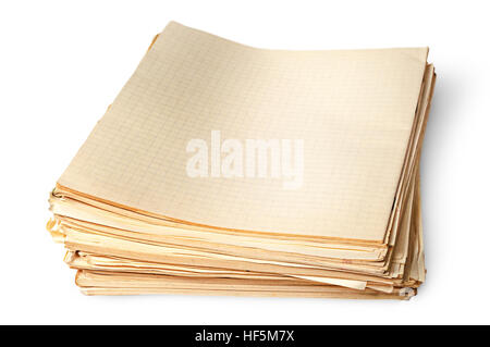 Stack vergilbte alte Blätter Schule Notebooks Draufsicht isoliert auf weißem Hintergrund Stockfoto