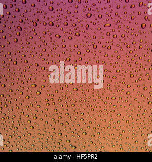 Wassertropfen auf eine metallische Oberfläche mit einem Pink, orange und gelbe Farbverlauf Stockfoto