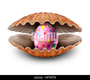 Osterei überraschen Entdeckung, wie eine Perle in eine offene Muschel als Metapher für eine seltene Frühling Ei jagen Schatz und Reichtum als eine Muschel mit einer Bewer Stockfoto