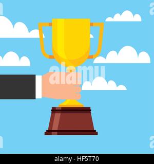 Hand, die eine goldenen Pokal-Symbol über Himmelshintergrund. farbenfrohes Design. Vektor-illustration Stock Vektor