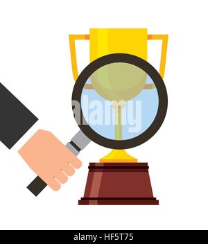 Hand hält eine Lupe und Gold Trophy-Symbol auf weißem Hintergrund. farbenfrohes Design. Vektor-illustration Stock Vektor