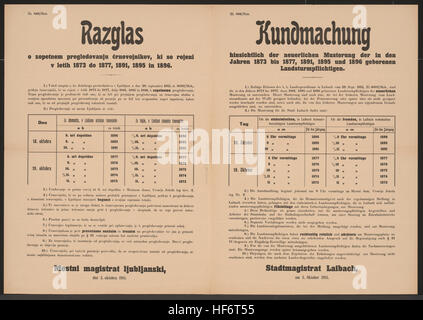 Neuerliche Musterung der Landsturmpflichtigen der Jahrgänge 1873 Bis 1877, 1891, 1895 Und 1896 - Auflistung der Termine der Einzelnen Jahrgänge Für Fremde Und Einheimische Heimatberechtigte - Rechtzeitiges, Reinliches Und Nüchternes Erscheinen - Stadtmagistrat Laibach, bin 3. Oktober 1915 - Zl. 866/Mob. Musterung - Kundmachung - Laibach - Mehrsprachiges Plakat 1915 (3) Stockfoto