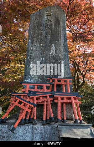 Torii Tor Angebote und fallen Blätter, Ichi nicht meins Kamisha, Fushimi Inari-Taisha-Shinto-Schrein, Kyoto, Japan Stockfoto