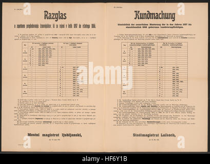 Neuerliche Musterung der Landsturmpflichtigen der Jahrgänge 1866 Bis 1897 - Auflistung der Termine der Einzelnen Jahrgänge Für Fremde Und Einheimische Heimatberechtigte - Rechtzeitiges, Reinliches Und Nüchternes Erscheinen - Stadtmagistrat Laibach, bin 20. Mai 1916 - Zl. 540/Mob. Musterung - Kundmachung - Laibach - Mehrsprachiges Plakat 1916 (2) Stockfoto