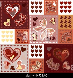 Patchwork bunt mit Herz und Schmetterling. Nahtlose Muster. Scrapbooking-Serie. Vektor-Hintergrund. Stock Vektor