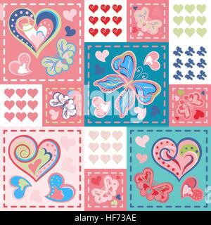 Patchwork bunt mit Herz und Schmetterling. Nahtlose Muster. Scrapbooking-Serie. Vektor-Hintergrund. Stock Vektor