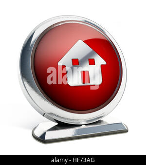 Glänzend rote Taste mit Haus-Symbol. 3D Illustration. Stockfoto